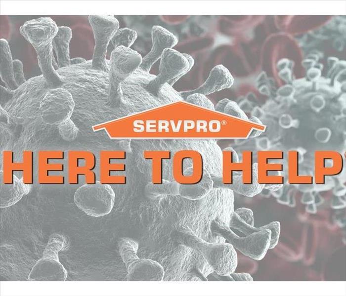 picture of coronavirus with the SERVPRO Logo saying "Here to Help"
